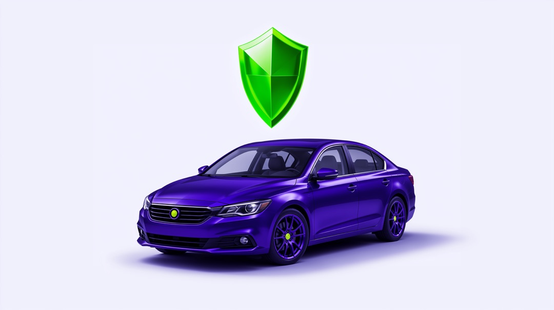 Фиолетовый автомобиль и сверху зеленый щит