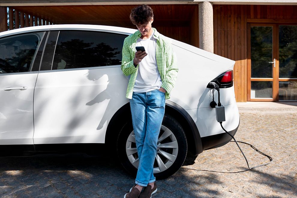 Мужчина заряжает электромобиль и смотрит в телефон