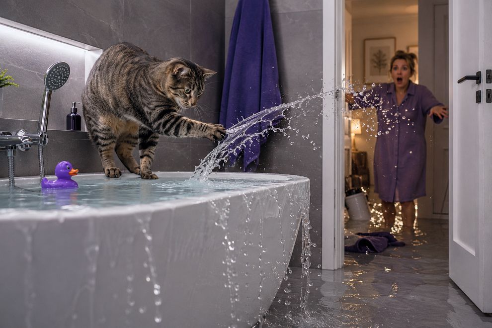 Кошка выплескивает воду из ванной